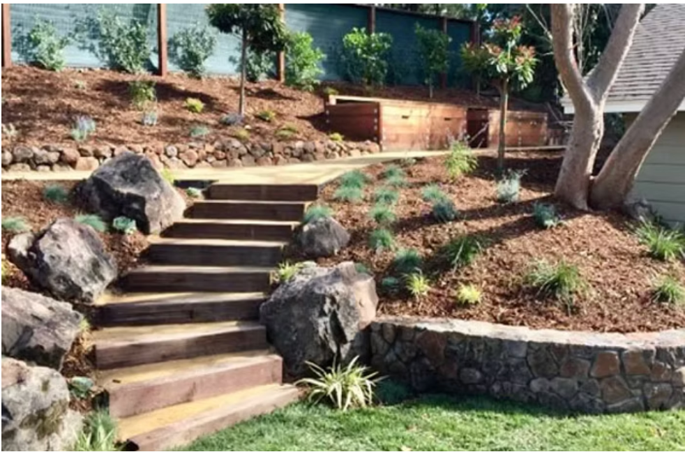 Hillside terraced garden with stone steps and boulders